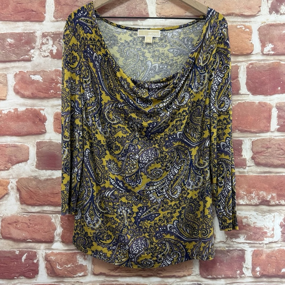 Michael Kors Top Womens Large Yellow Boho Floral Cowl Neck Stretchy Casual Shirt